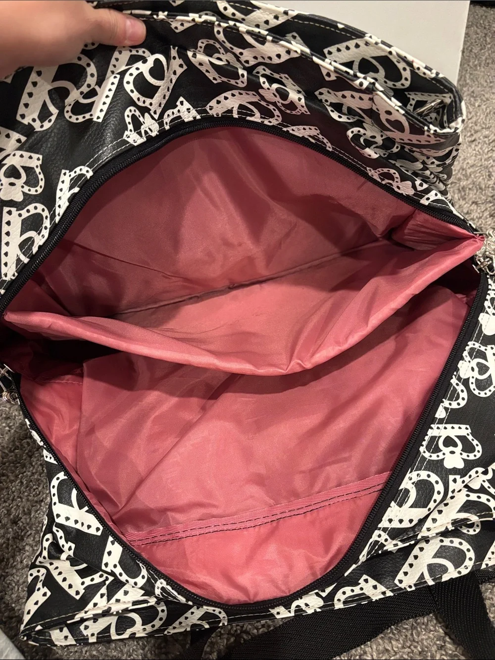 Kathy Van Zeeland Black and White Heart Print Duffel Bag